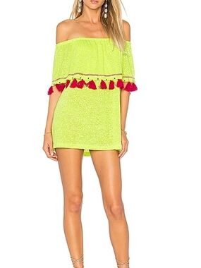 Pitusa Ibiza Top in Lemon with pink tassel trim.